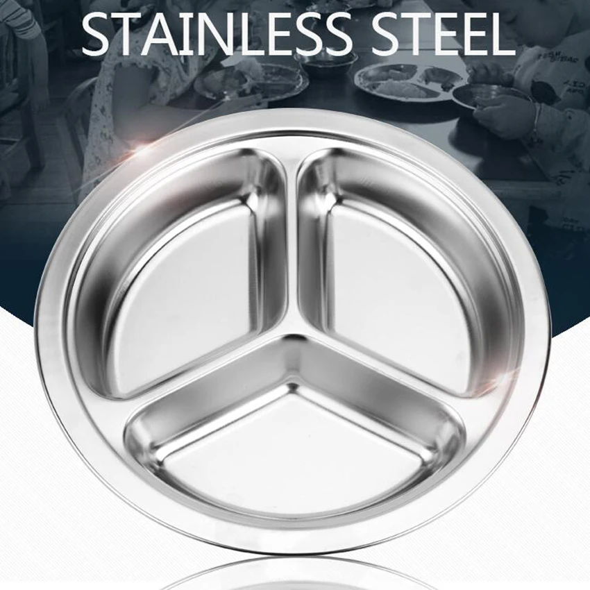 Dinner Plate 3 Sections Divided Dish Stainless Steel Snack Dinner Plate Round School University Canteen Students Grid Lunch Tray