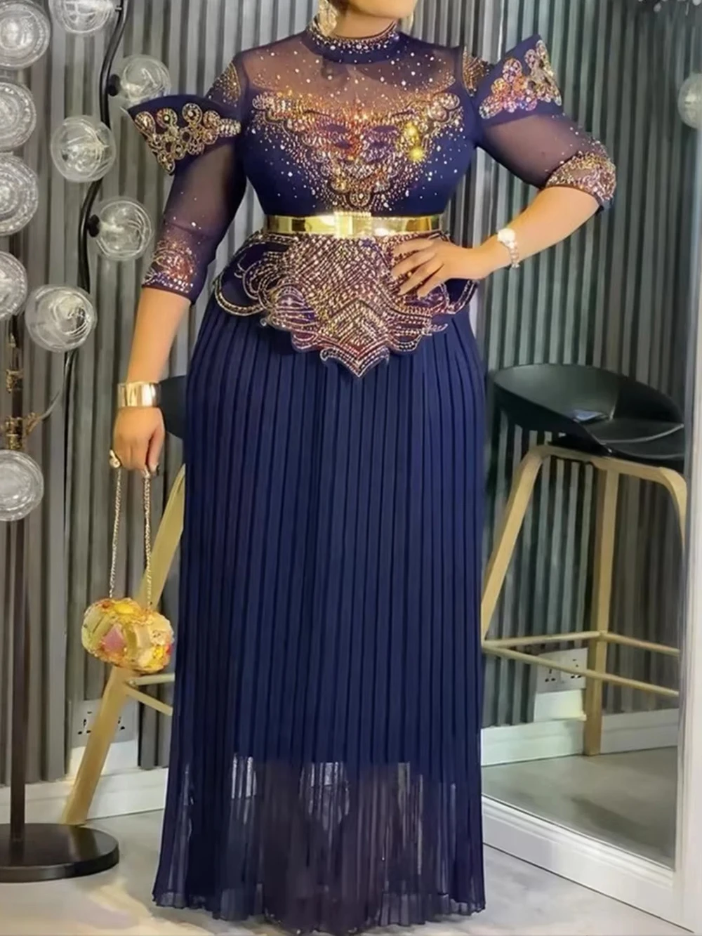 Elegant Women Party Long Dresses Diamond Pleated Dress Wedding Birthday Prom Evening Gowns Turkey African Clothing Dubai Kaftans