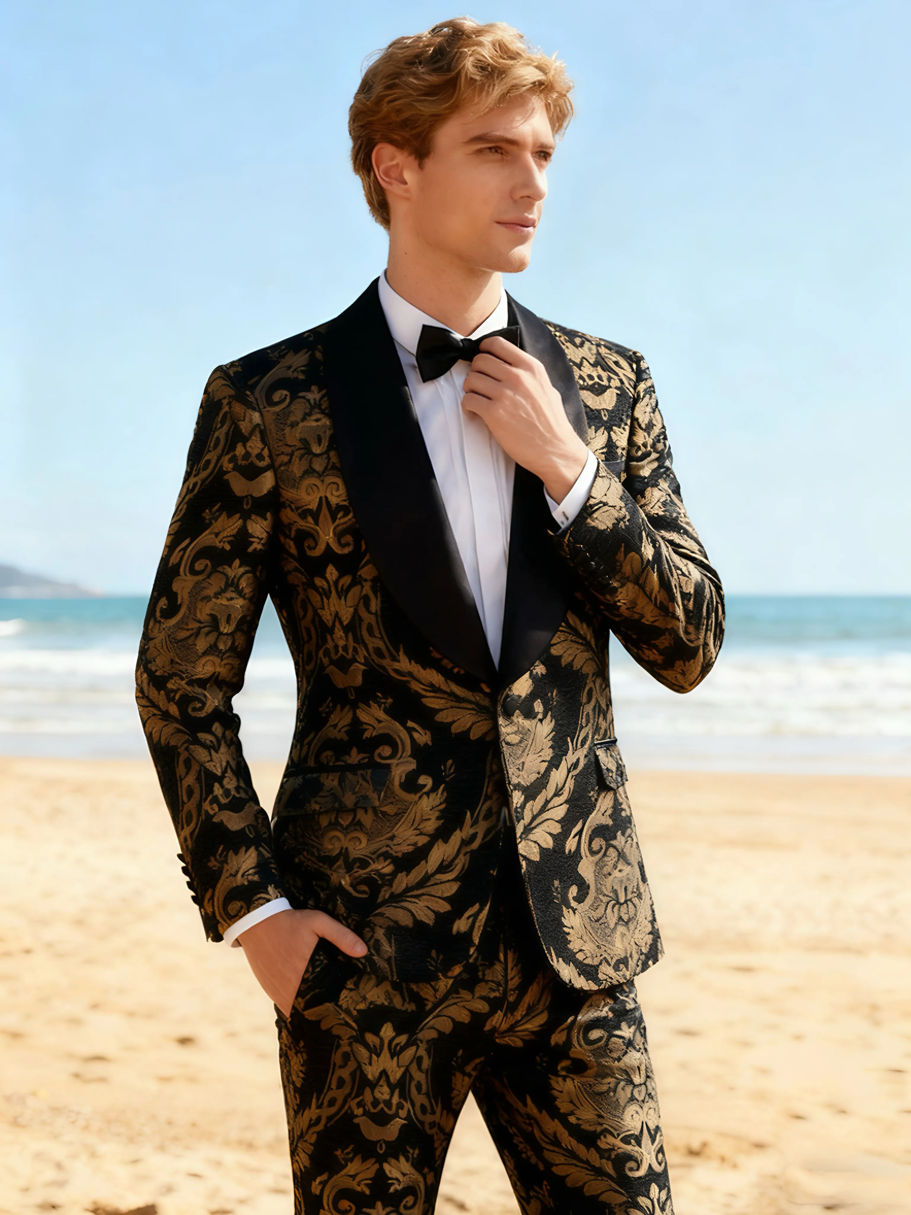 

Men's jacquard Silm fitted suit 2-piece set with shawl collar and tailcoat, suitable for weddings, parties, dances, and other oc