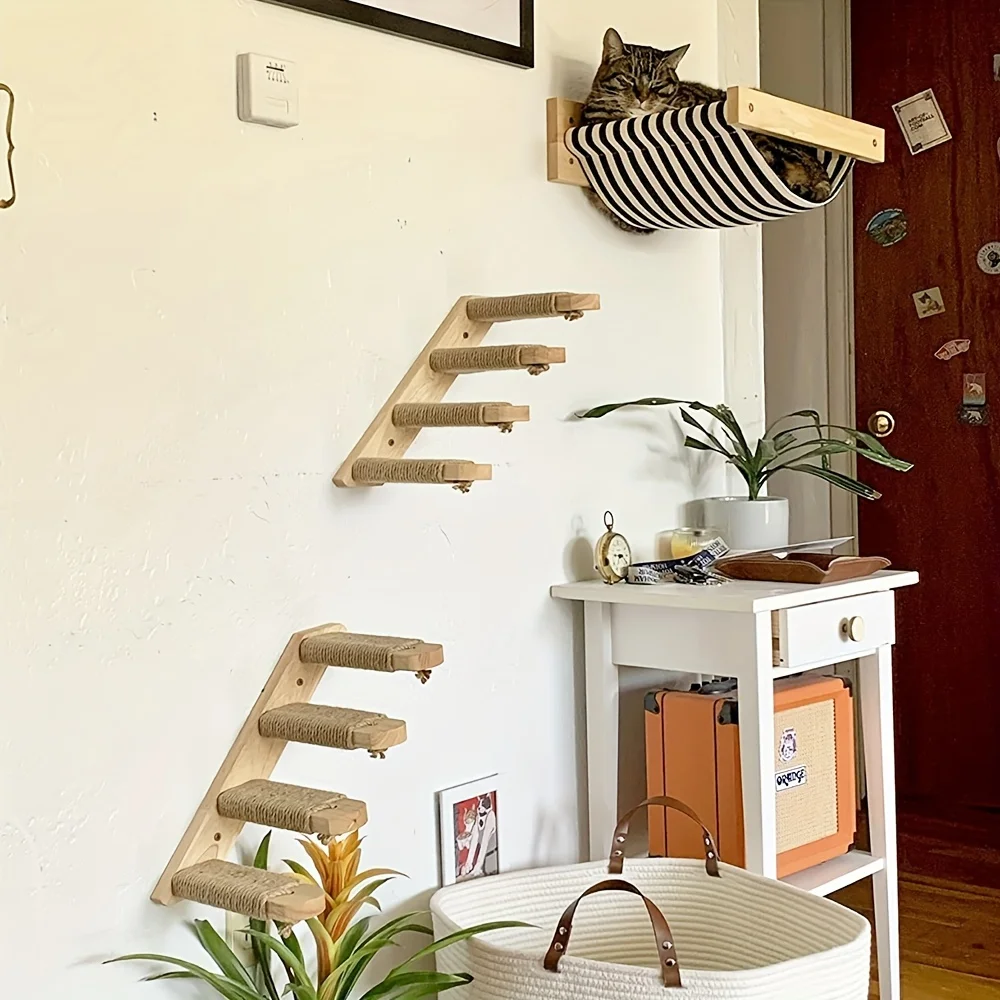 Cat Wall Mounted Solid Wooden Furniture Climbing Ladder and Cat Hammock with Scratching Post for Activity Indoor Cats Perches