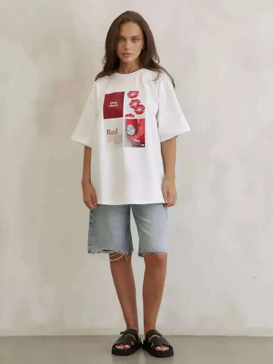 الأوروبية الأمريكية الساخنة فتاة الأمريكية Y2K تصميم تي شيرت مطبوع الصيف المرأة القطن الخالص شارع العليا الرجعية قصيرة الأكمام أعلى BPQ9 #5