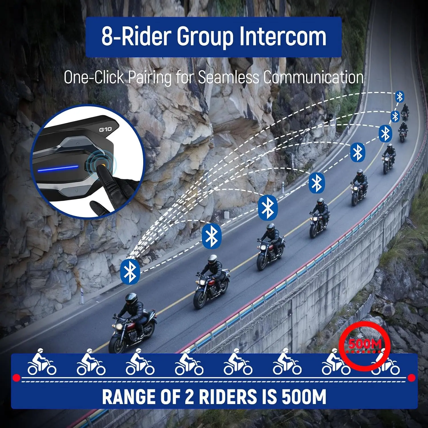 G10 Motorcycle Bluetooth Headset, 8-Rider Helmet Intercom, Dual Pack