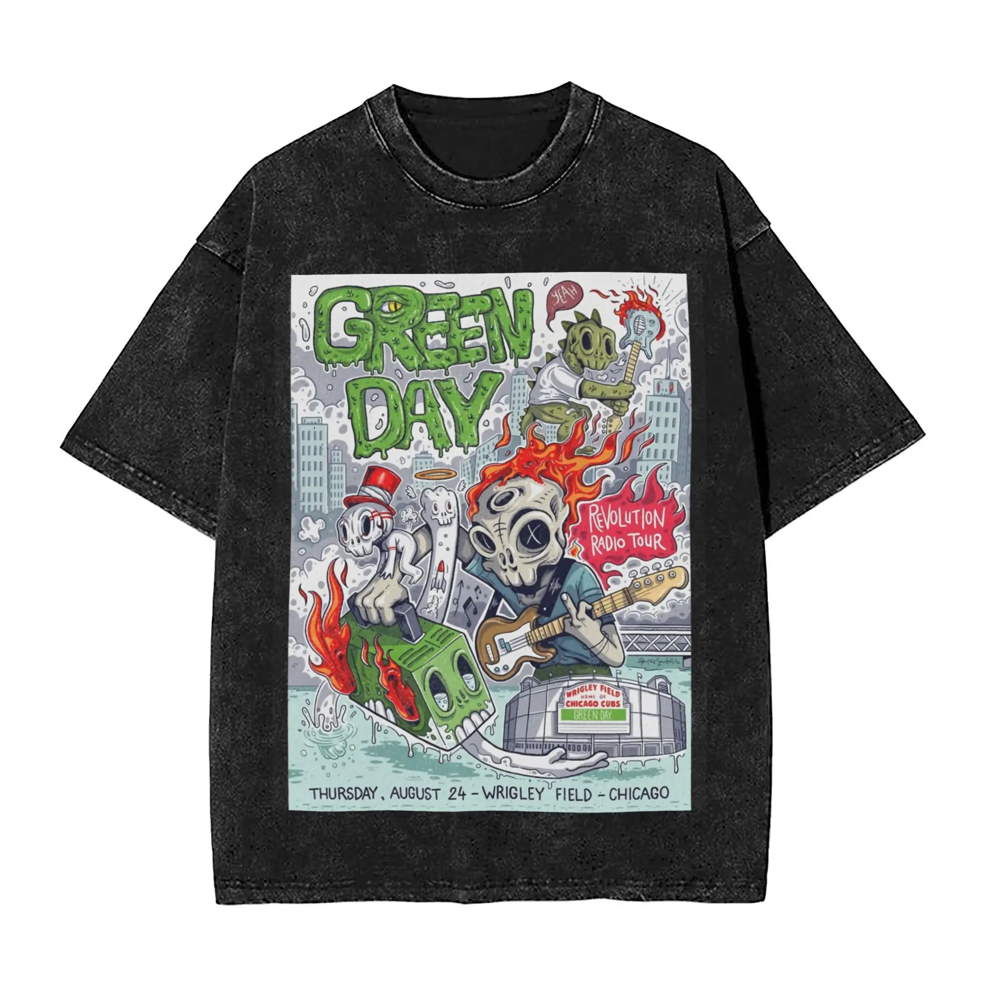 Men Women Harajuku Washed T-shirts Green Day Rock Band Tour 2024 Print T Shirt Outfit High Street  Tees