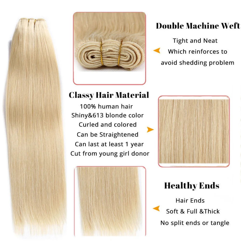 Extensiones de cabello humano liso, mechones de cabello humano Remy brasileño, cosido en trama, Rubio liso, 100g, 16 "-28", cabello Natural