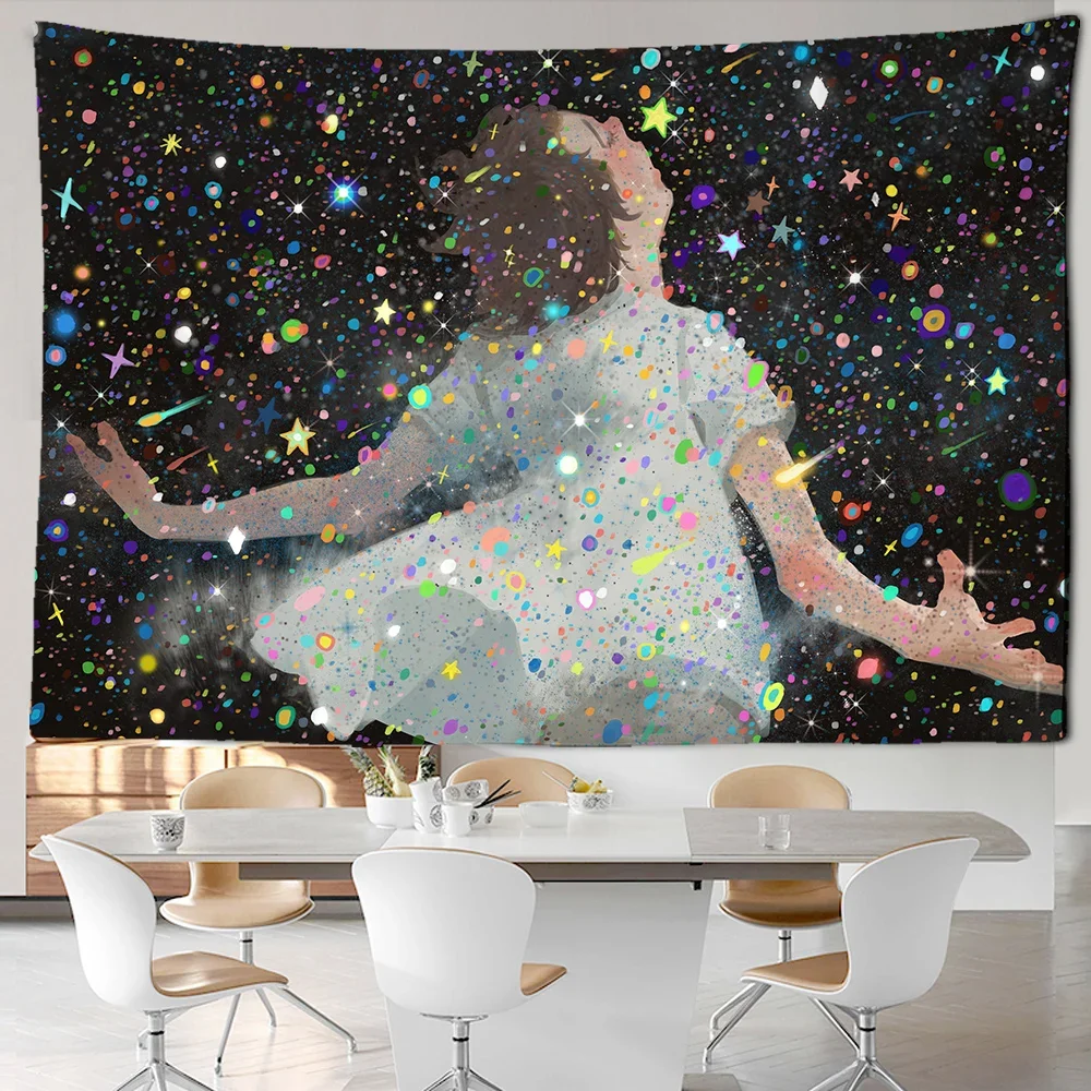 

Cartoon Girl Tapestry Colorful Stars Wall Hanging Room Dorm Tapestries Art Home Psychedelic Kawaii Children's Room bohemian