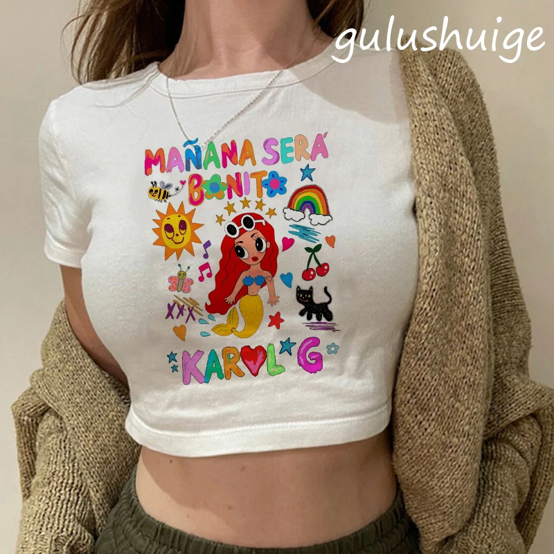 90s Manana Sera Bonito Bichota Karol G T Shirt  Crop Top Women Short Sleeve Woman Graphic T Shirts Cropped Tee Trendy Clothing