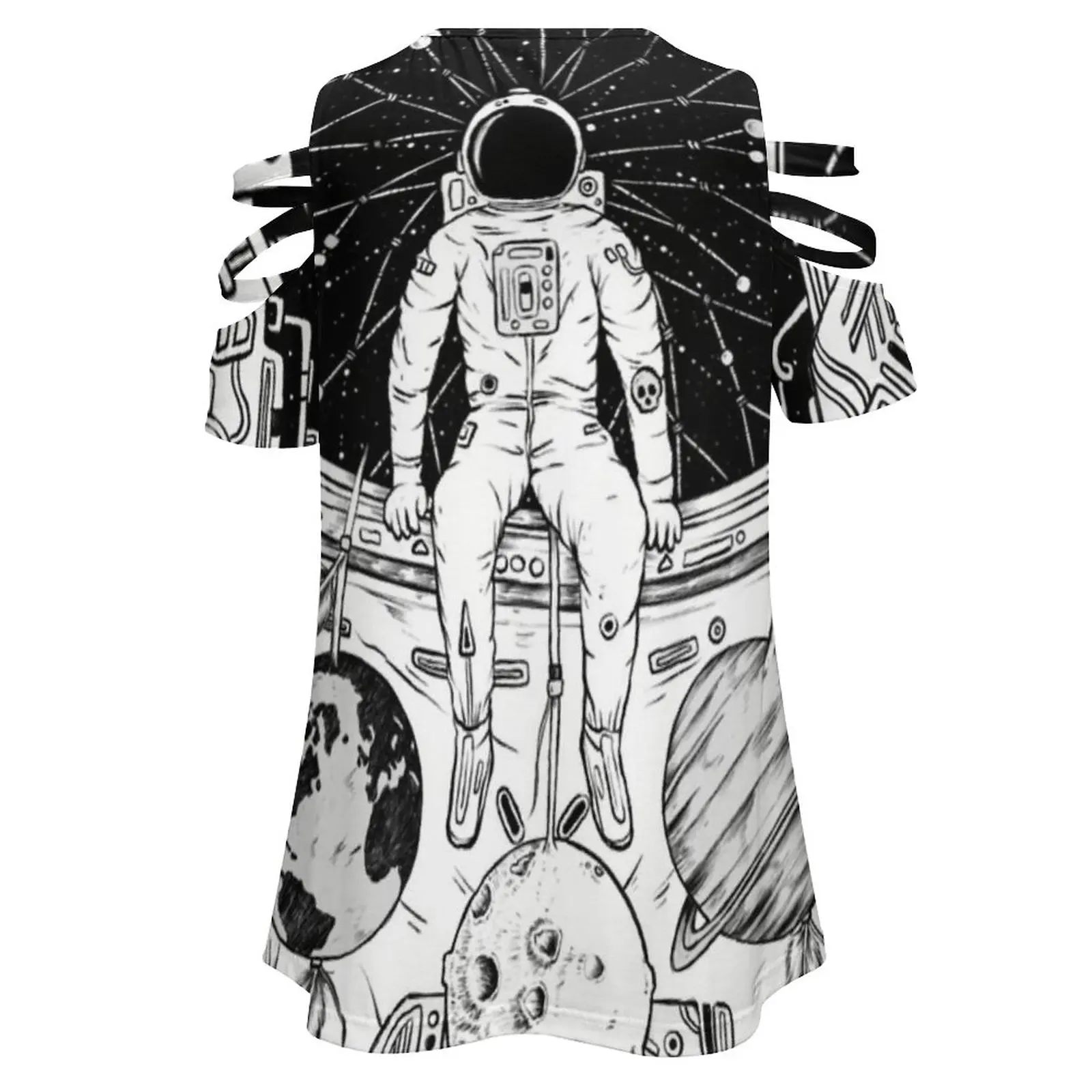 O dreamer (b/w) nova moda zip fora do ombro superior de manga curta camisa feminina sonho dreamcatcher espaço estrelas lua noite