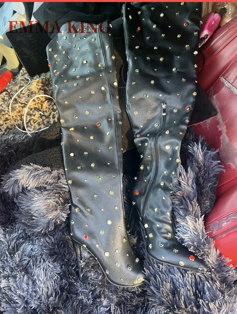 النساء حجر الراين الفخذ أحذية عالية مثير أشار تو الخناجر فوق الركبة أحذية السيدات فستان فاخر أحذية بوتاس دي Mujer