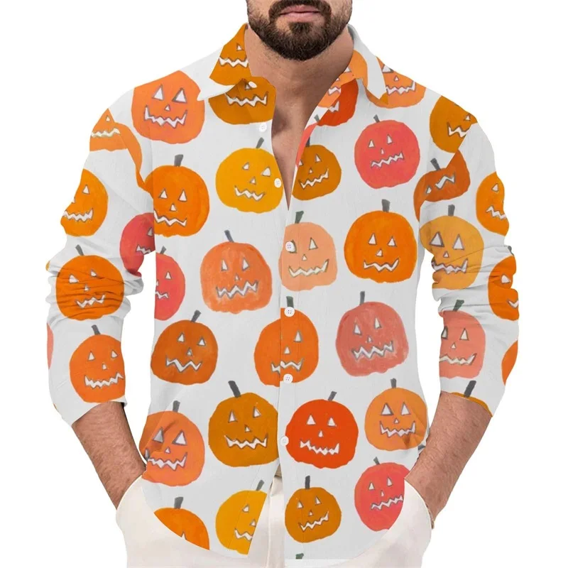 Mens Halloween Button Down Shirt 3D Print Long Sleeve Fashion Casual Men\'s Halloween Pumpkin Tee Shirts Tops Festival Clothes