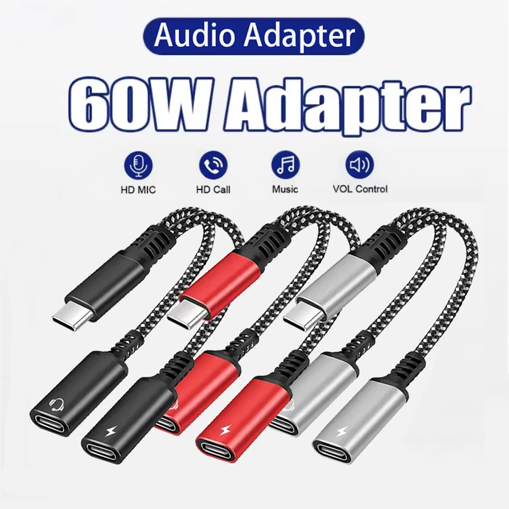 2-in-1 Fast Charging Cable USB-C Splitter with 3.5mm Audio Jack Dual Port Charger for iPhone 16/15 for Samsung for Xiaomi