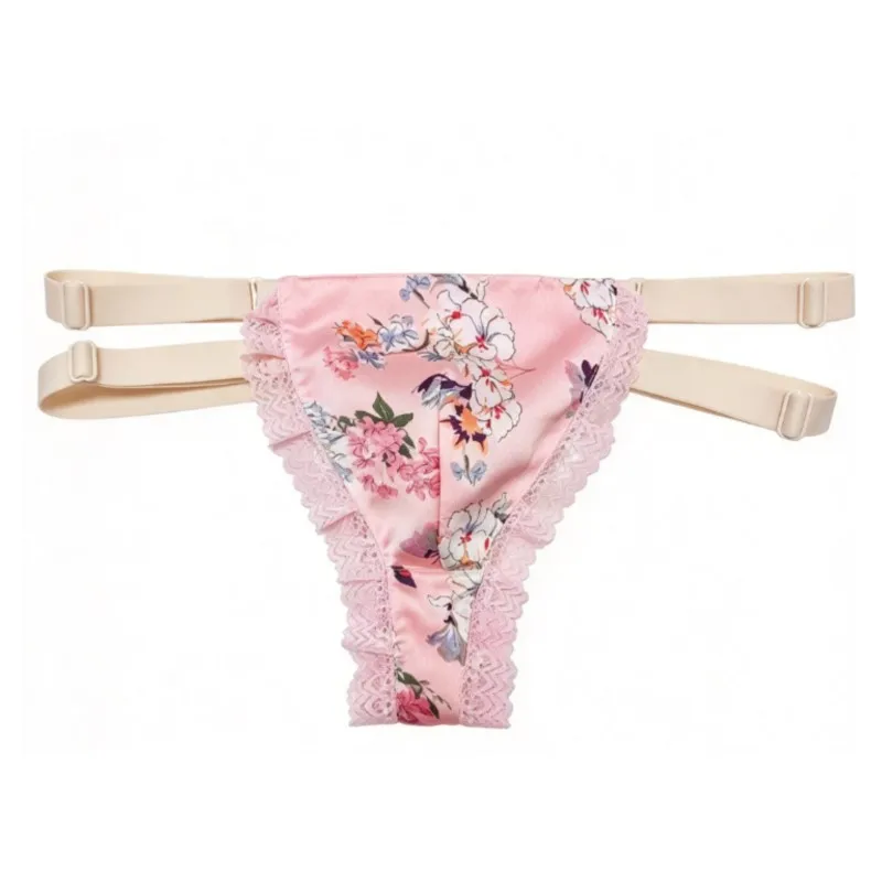 Men's Imitation Silk Floral Thong Briefs Double-Layer Convex Pouch Lace Trim T-back Underwear Silky Touch Underpants