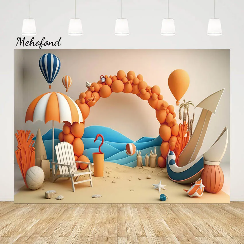 

Mehofond Summer 3D Beachsand Seawater Photography Backdrop Family Holiday Party Hot Balloon Sands Photo Background Studio Prop