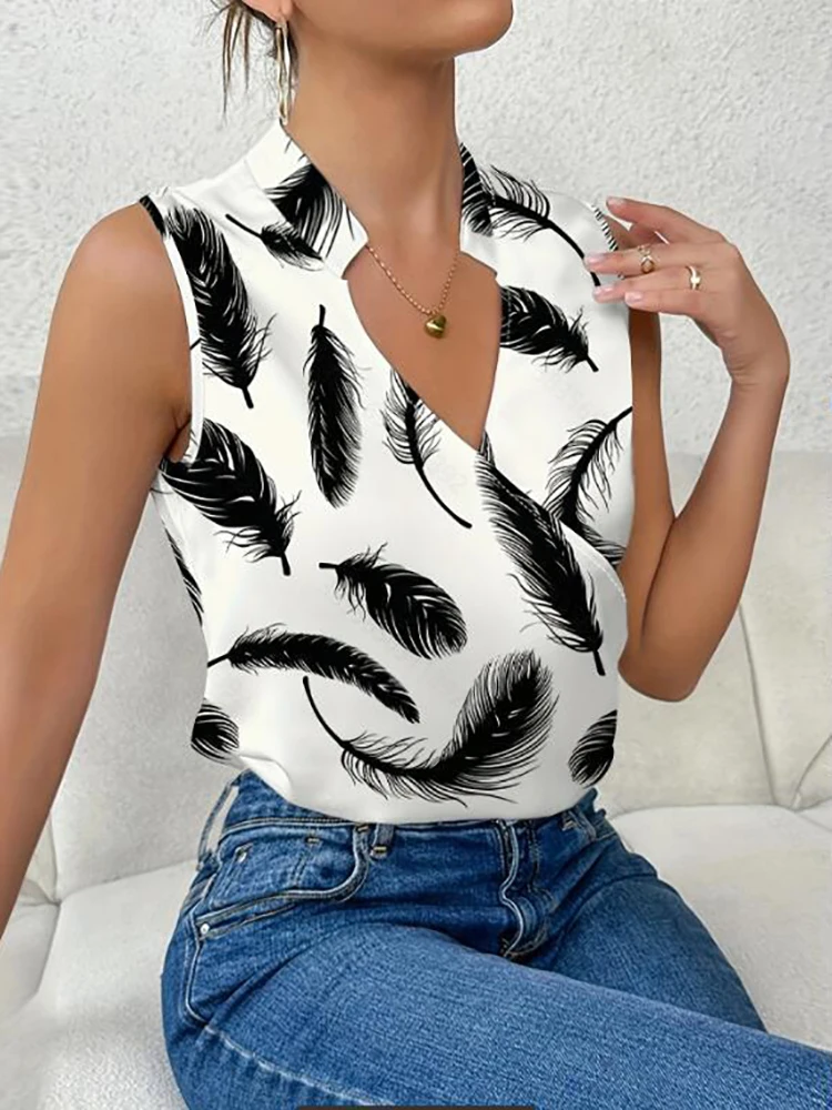 Women's Blouse White Shirts & Blouses Print Sleeveless Tops Loose V Neck Pulovers Summer Youthful Woman Clothes 2024 New