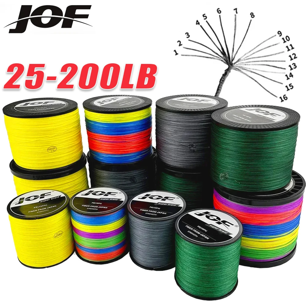 JOF High Strength 16 Strands Braided Fishing Line Power 25LB-200LB Antibite Multifilament PE Line for Lure Fishing Big Fish 500m