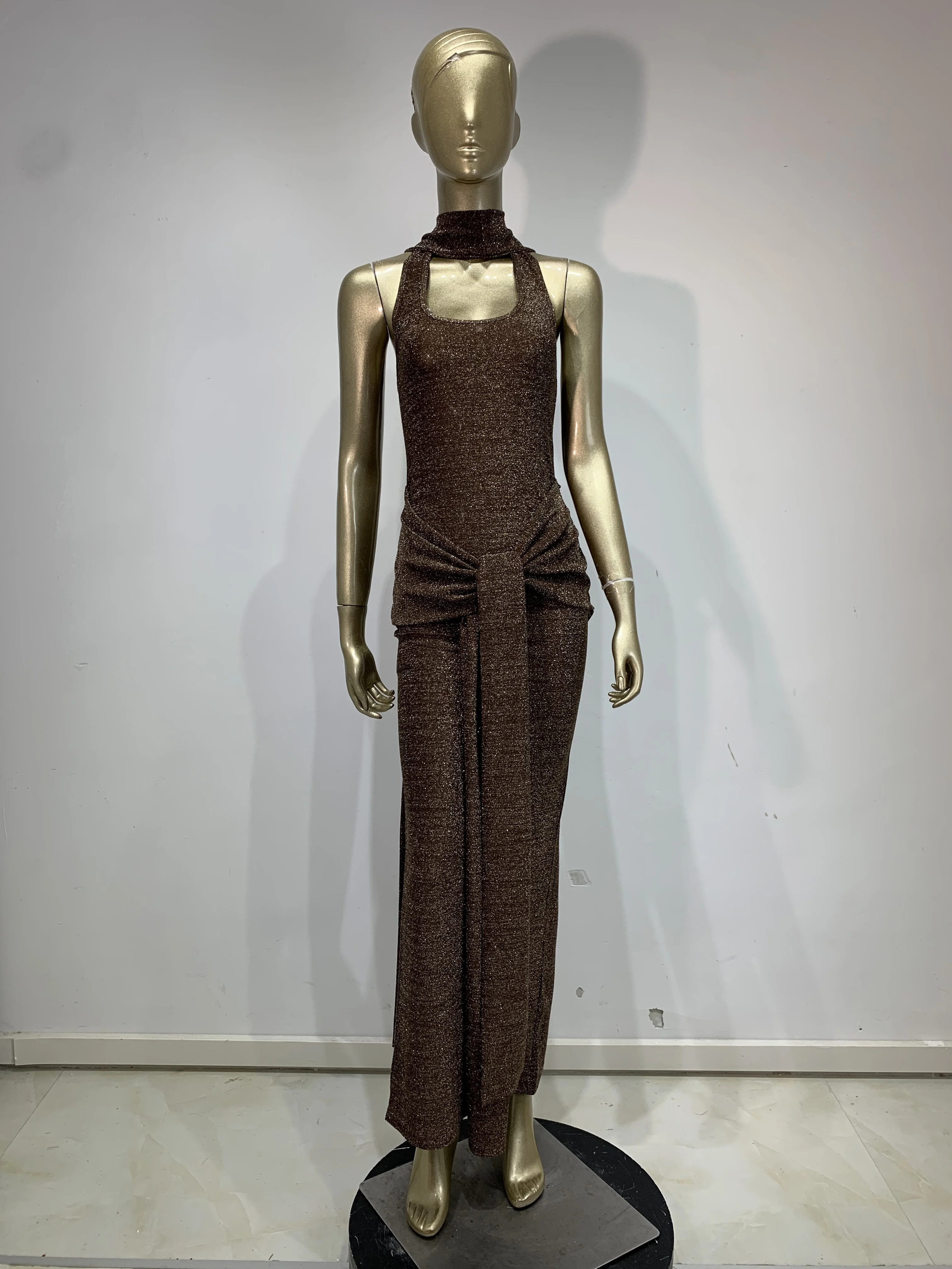 Femmes de luxe marron vif robe d'été Style Patchwork avec écharpe longue célébrité soirée Club robe de soirée haute rue vacances tissu