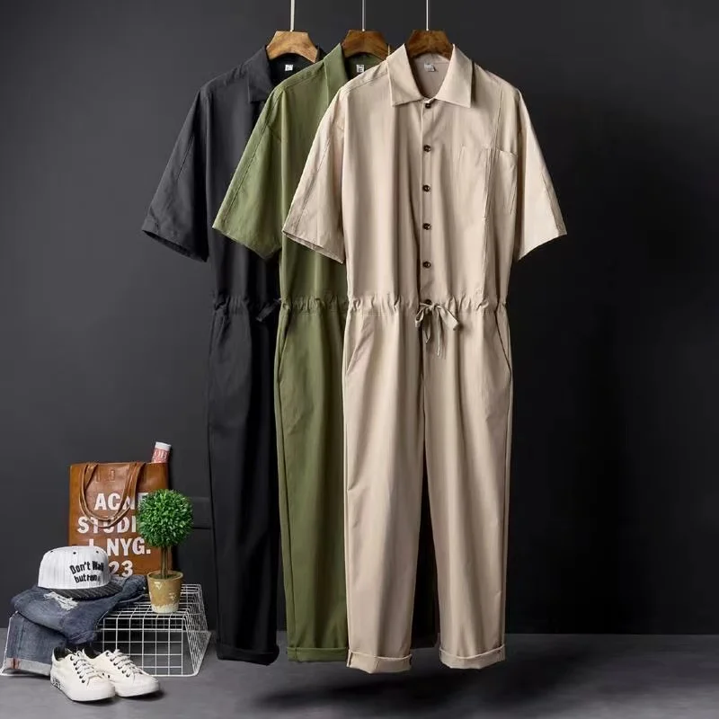 

2025 Summer New Men's Hip Hop Jumpsuit Japanese Retro Workwear Style Jumpsuit Couple Loose Casual Set Ultra Thin Ice Silk Cool