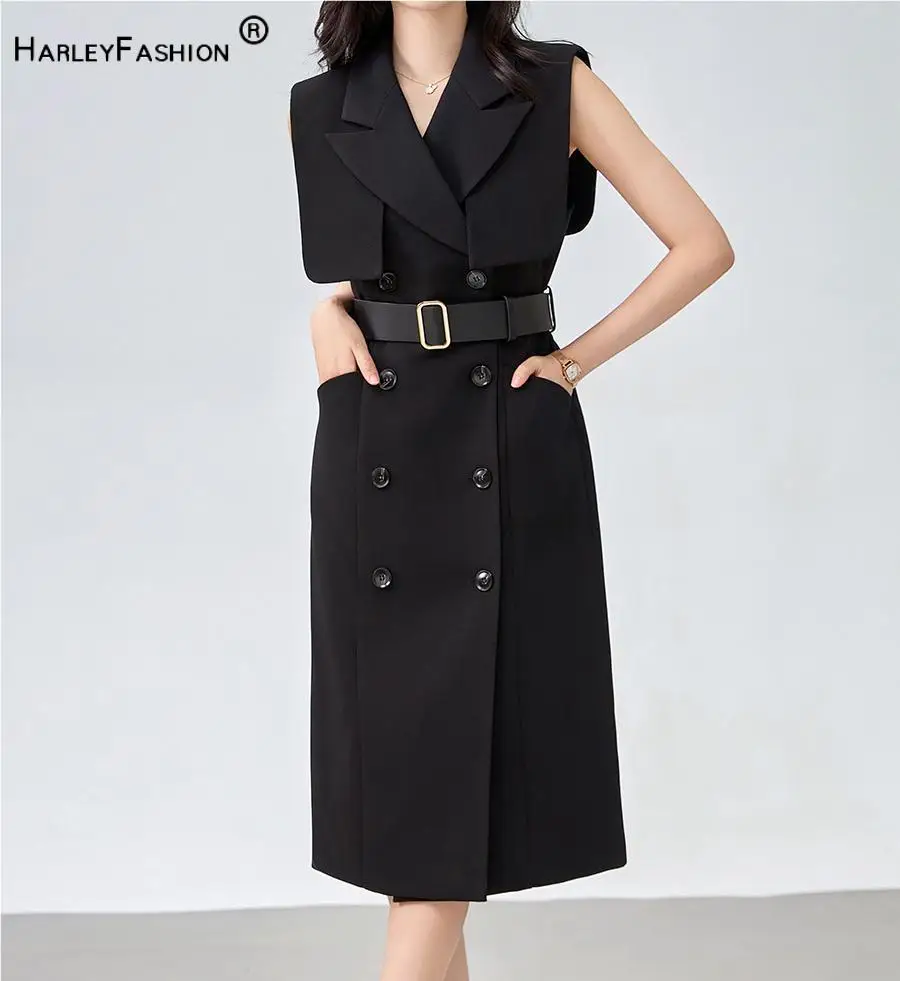 Fall Autumn Lady Sleeveless Office Wear Notched Double-breasted Straight Cutting Women Solid Midi Blazer Dress With Belt