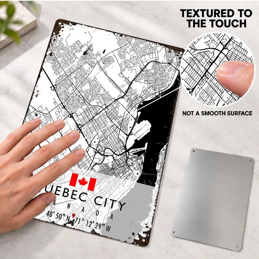Quebec City White Street Map Printed Poster Customized Aluminum Metal Sign Detailed Graphic Composition Wall Art For Home Office