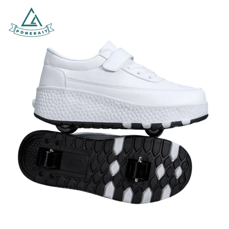 

PONERAIT Kids Unisex Leather Shoes with Wheels Simple Design Velcro Skate Shoes 2-Wheel Roller Sneakers for Beginners Gift