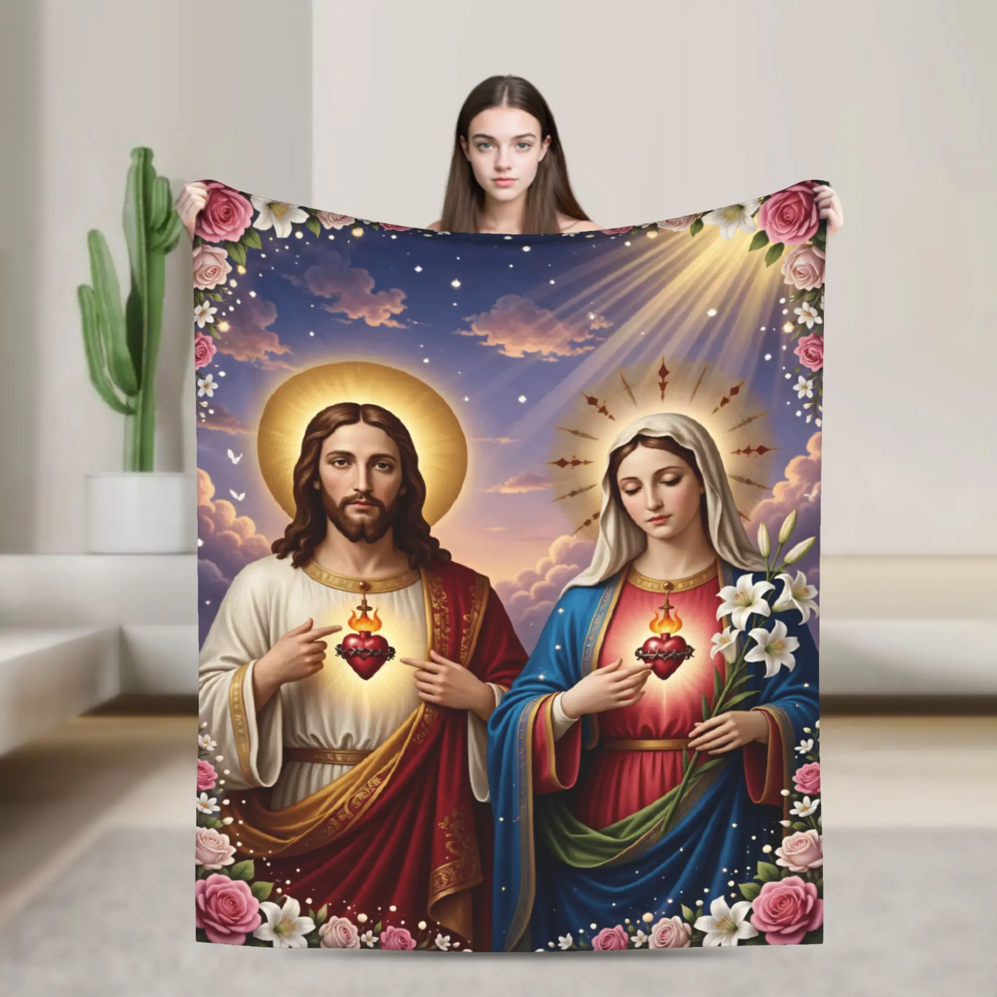 Sacred Heart of Jesus and Immaculate Heart of Mary Blanket Warm Comfy  Throw Blanket Winter Girls Chair Bed Travel Bedspread