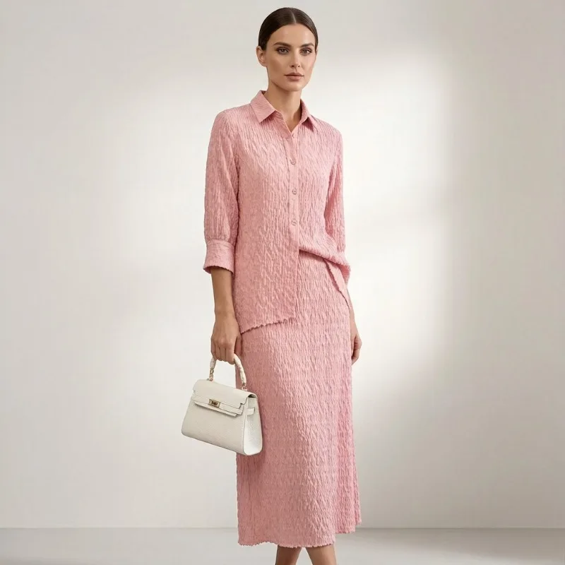 

Miyake Pleated Skirt Set Plisse Light Luxury Elegant Solid Color Set Women 2026 Spring Casual Cardigan Top+Skirt 2-Piece Set