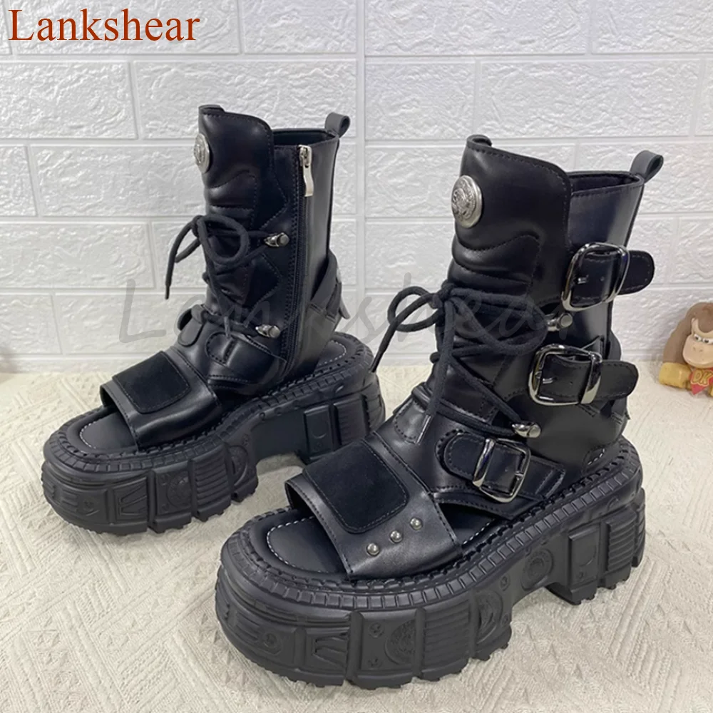 

Round Toe Height Increasing Women Boots Open Toe Summer Cross Tied Mid Calf Fashion Punk Solid Women Shoes 2024 New Arrivals