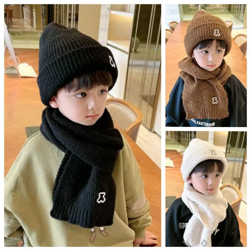 2024 New Fashion Warm Hat Scarf Set for Kids Boy Girl Chic Cartoon Bear Knitted Hat Scarf Autumn Winter Warm Beanie Scarf Set