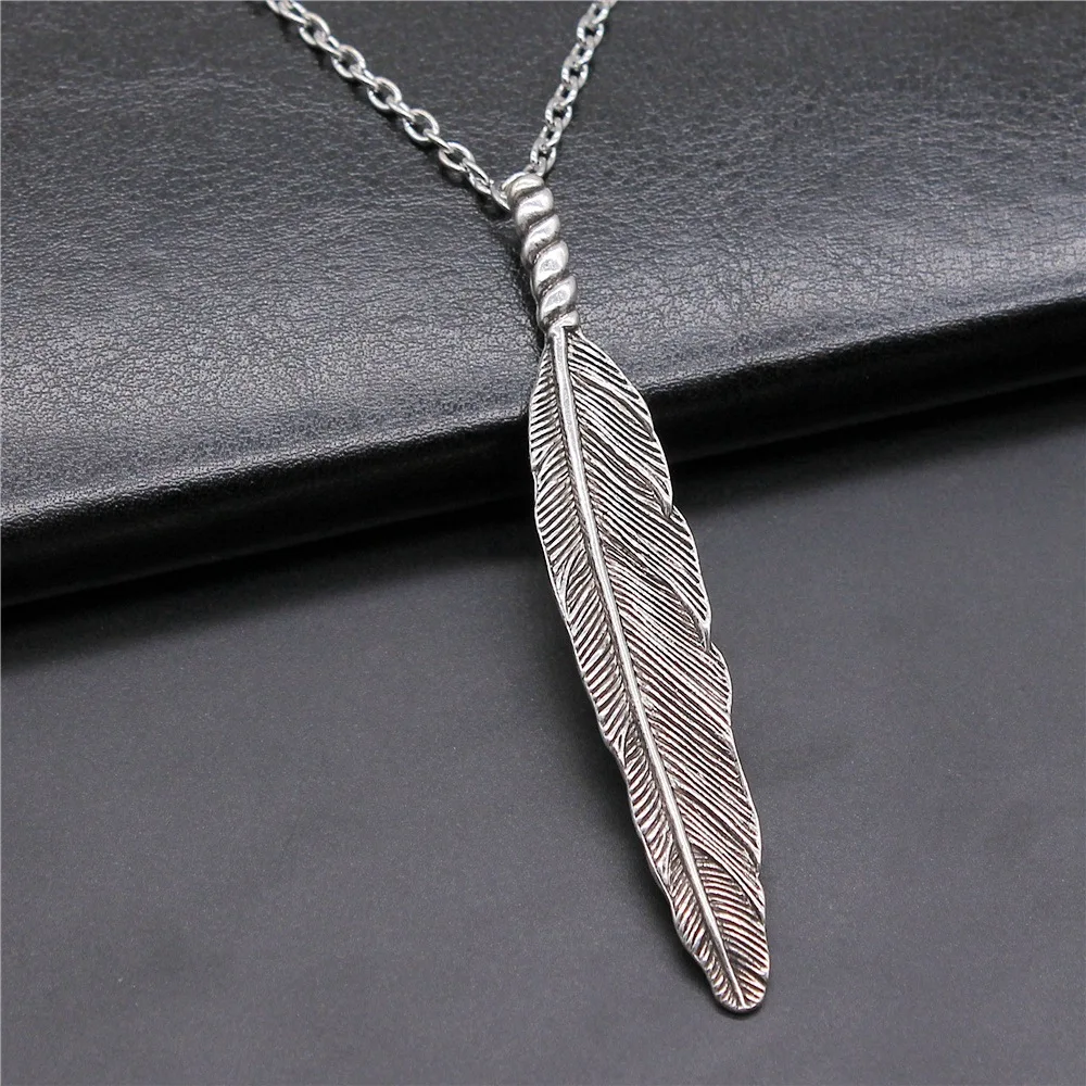  Antique Silver Plated 80x13mm Big Feather Pendant Necklace For Women Men Long Chain Trendy Jewelry Accessories