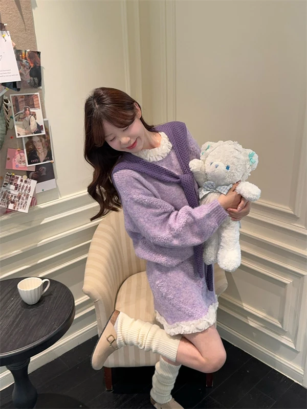 

Korean High-End Purple Soft Long Sleeve Knitted Sweater Autumn New Fashion Half Skirt Two-Piece Set Warm Cozy Loose Fit Casual