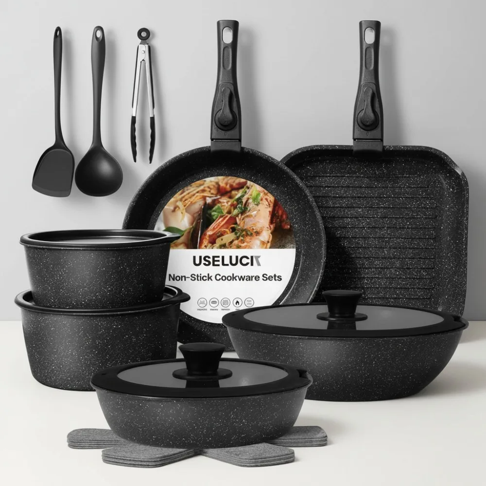 

Набор посуды с антипригарным покрытием, съемная ручка, штабелируемая индукционная система для кемпинга, кухни, портативная, можно мыть в посудомоечной машине