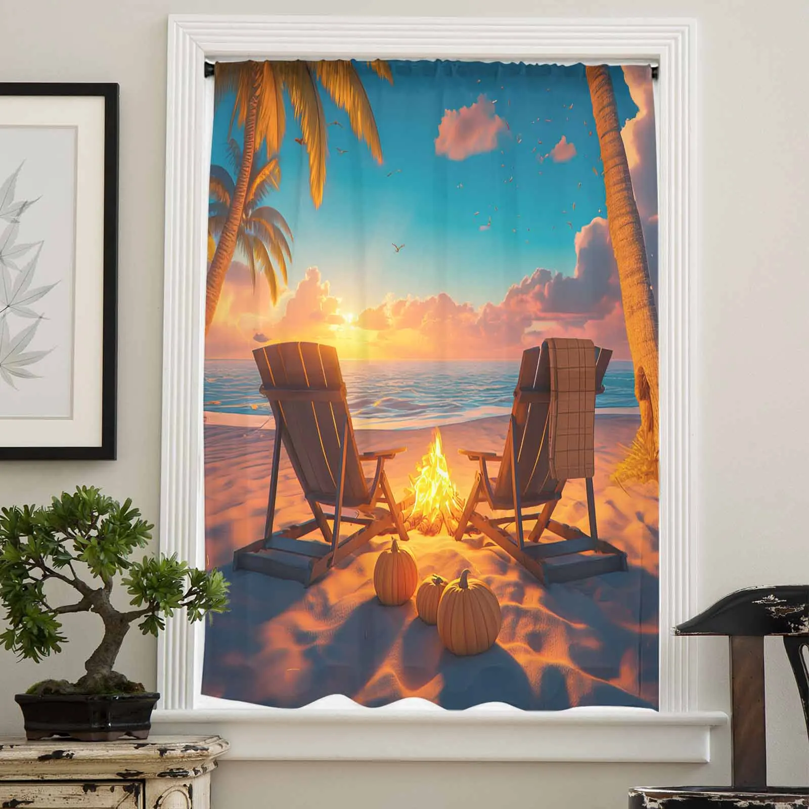 Autumn Beach Bonfire Chair Pumpkin Sunset Sheer Curtain Living Room Drapes Home Bedroom Voile Curtain Tulle Window Curtain