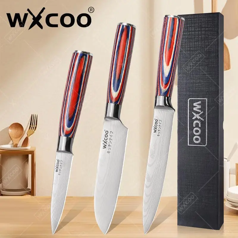 WXCOO Professionelle Küchenmesser Damaskus Laser Obst Santoku Allzweckmesser mit Geschenkbox Ausbeinen Fleischschneider Gemüsemesser
