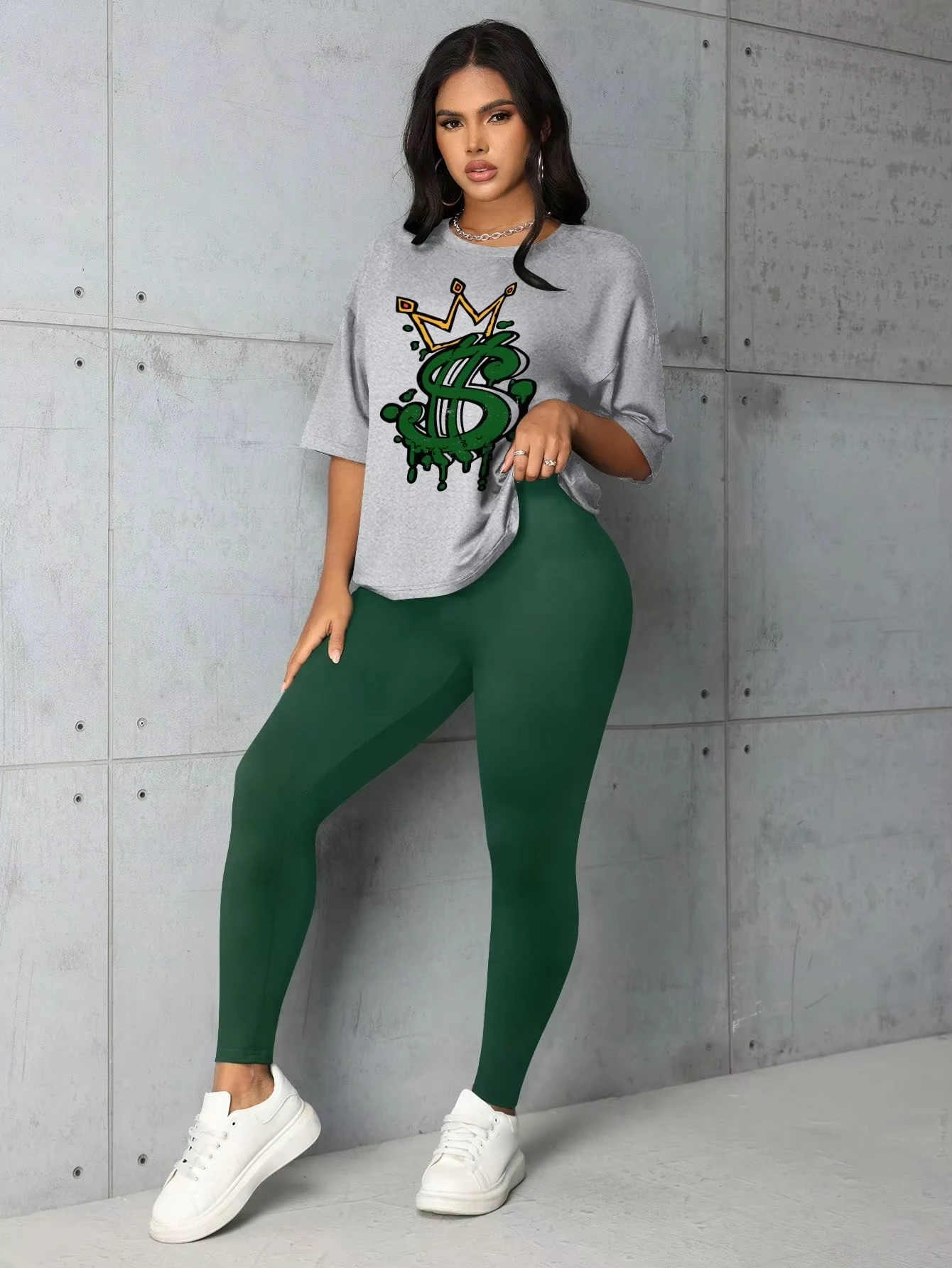 Green Dollar Sign Crown Graphic T-Shirt, Dripping Money Print with Gold Crown, Streetwear Tee for Hip Hop & Urban Fashion Lovers - view 3