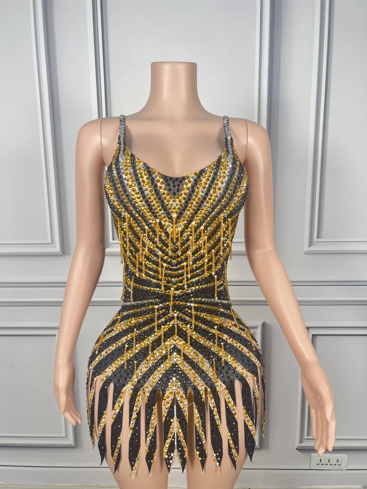

Meimei Elegant Black Gold Rhinestone Fringe Spaghetti Strap Bodycon Bodysuit Latin Dance Carnival Stage Show Costume for Women