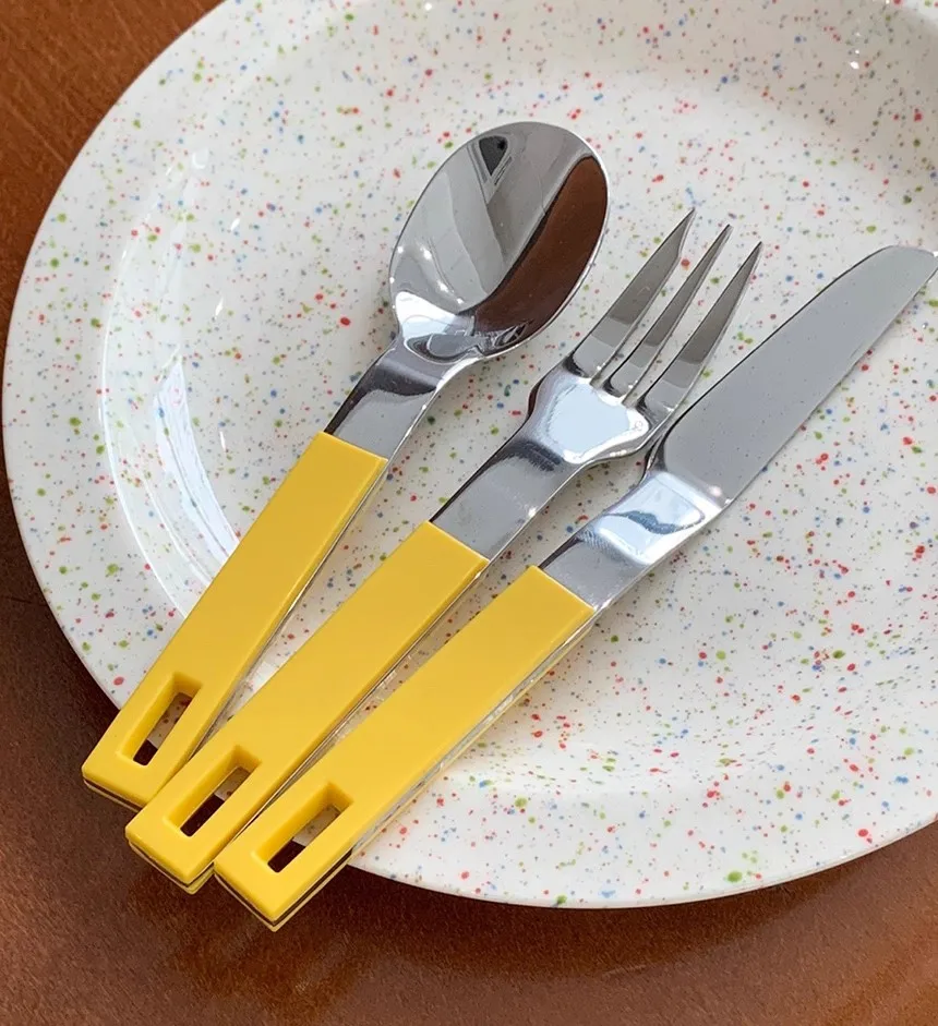 

Light luxury Simplicity Creativity Yellow Resin Handle Stainless Steel Knife, Fork, Spoon Home Use Dessert Salad Tableware Suit