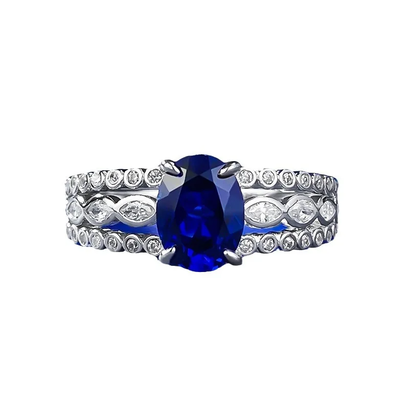 2024 New S925 Silver Simulated Diamond 6 * 8mm Blue Gang Ring Ring Fashion Simple and Versatile Style, Small and Popular