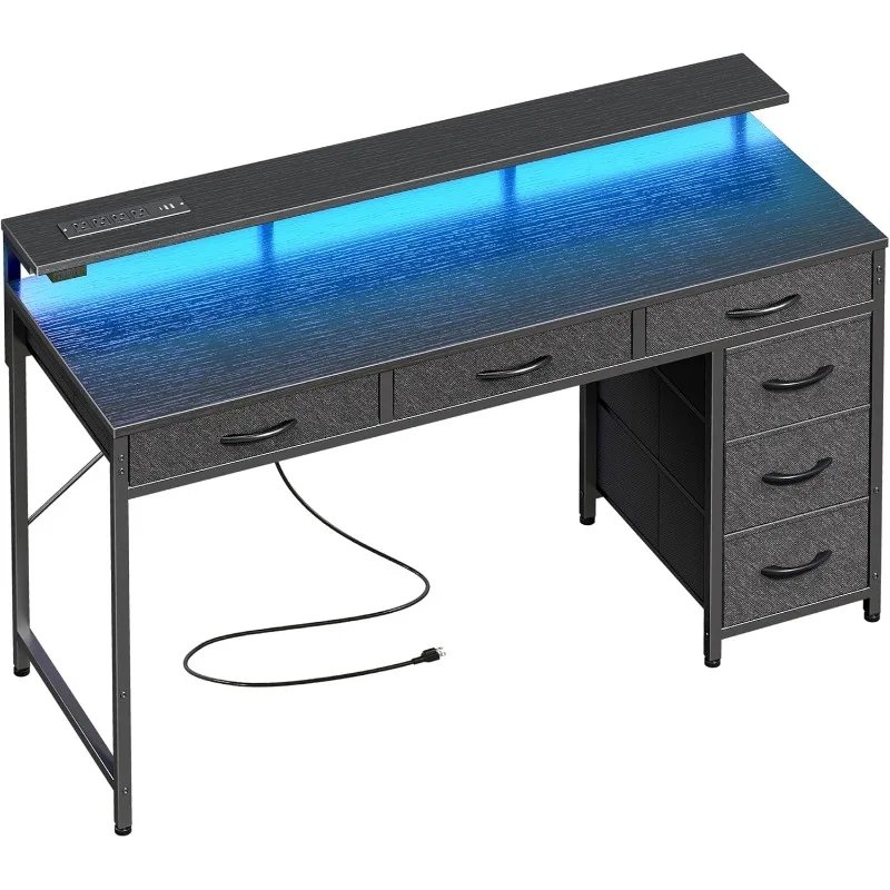 

Huuger Gaming Desk with 6 Drawers, Computer Desk with LED Lights Power Outlets and Type-C,47 Inch Office Desk with Storage,Black