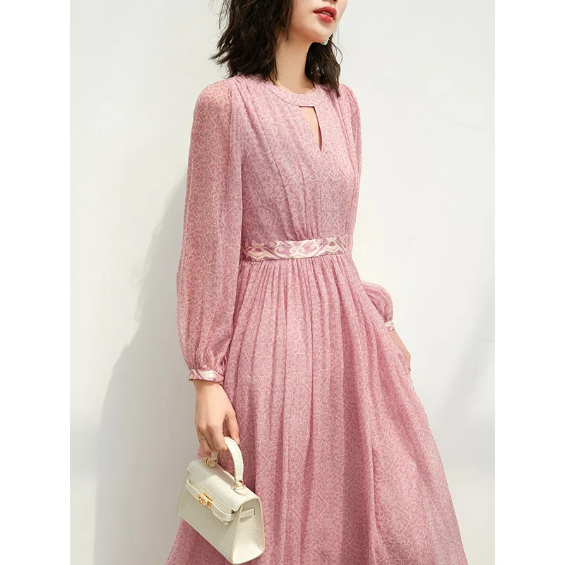 Luxury Heavyweight Pink Fairy Dress with Silk Medium Sleeves, Spring/Summer Design, Silk Long Dress, High Waist, Slim Appearance