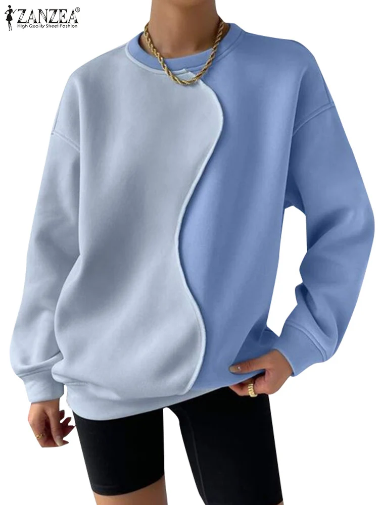 ZANZEA Frauen Street Fashion Sweatshirts Farbe Block Unregelmäßige Patchwork Langarm Hoodies Herbst Lose Beiläufige O Neck Pullover