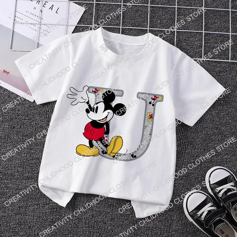 Mickey Mouse เด็กเสื้อยืดชื่อตัวอักษรผสม TEE เสื้อการ์ตูนดิสนีย์ Kawaii เด็กเสื้อผ้าเด็กผู้หญิงแฟชั่น TOP