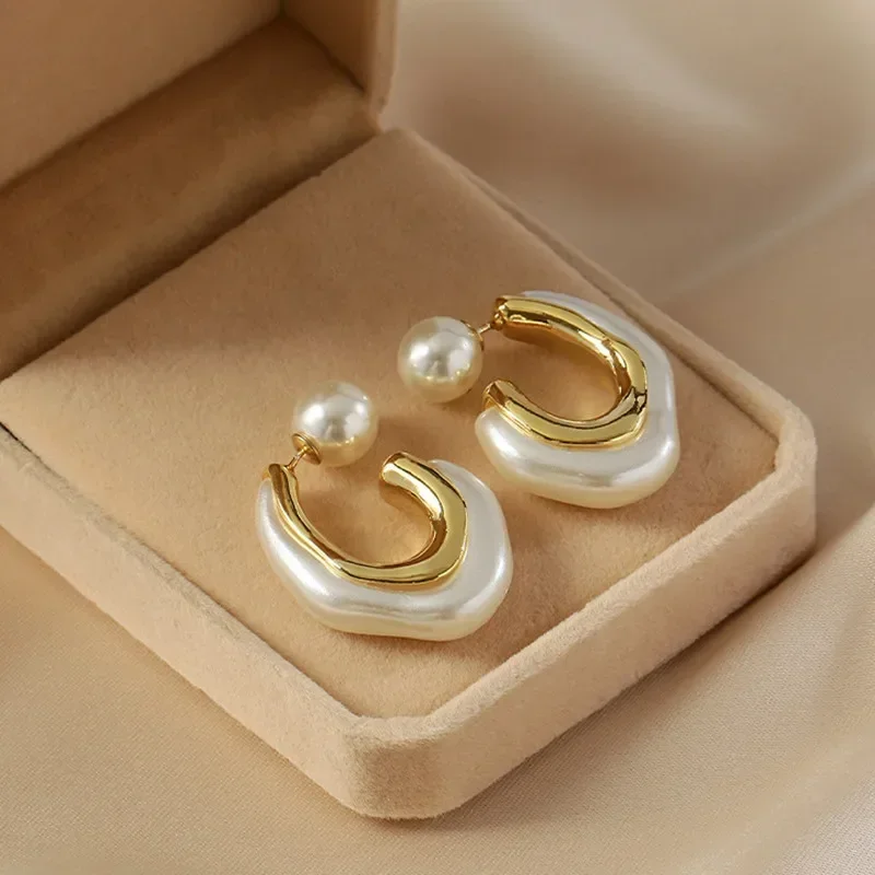 Fashion Gold Color Pearl Irregular for Women Korean Design Rhinestone Round Geometric Earring Trendy Party Girls Gifts Jewelry