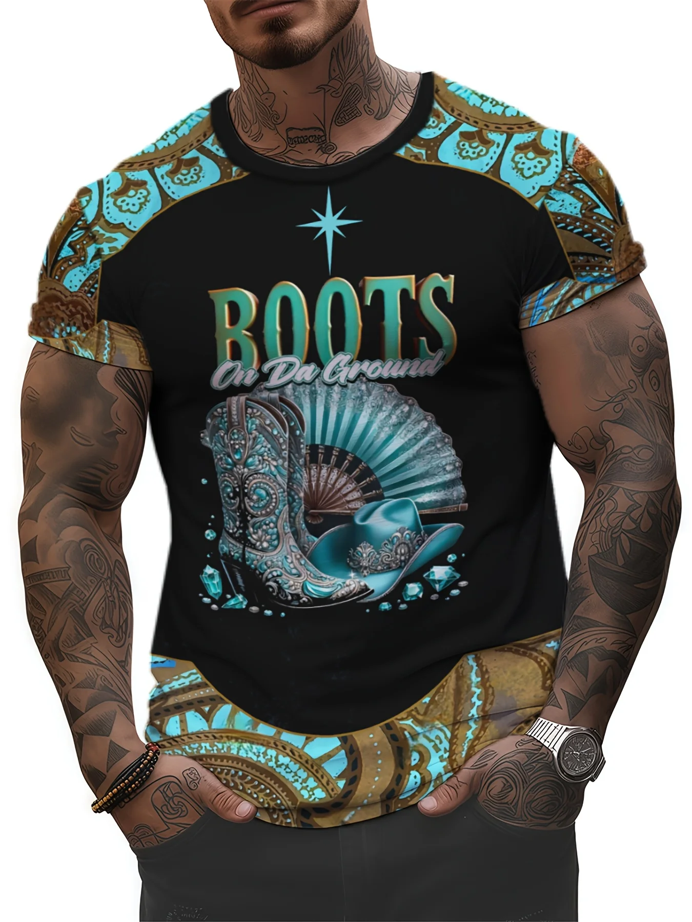 

Men'S Ethnic Graffiti Style Figure And Floral Pattern Crew Neck And Short Sleeve T-shirt, Stylish And Trendy Tops For Summer