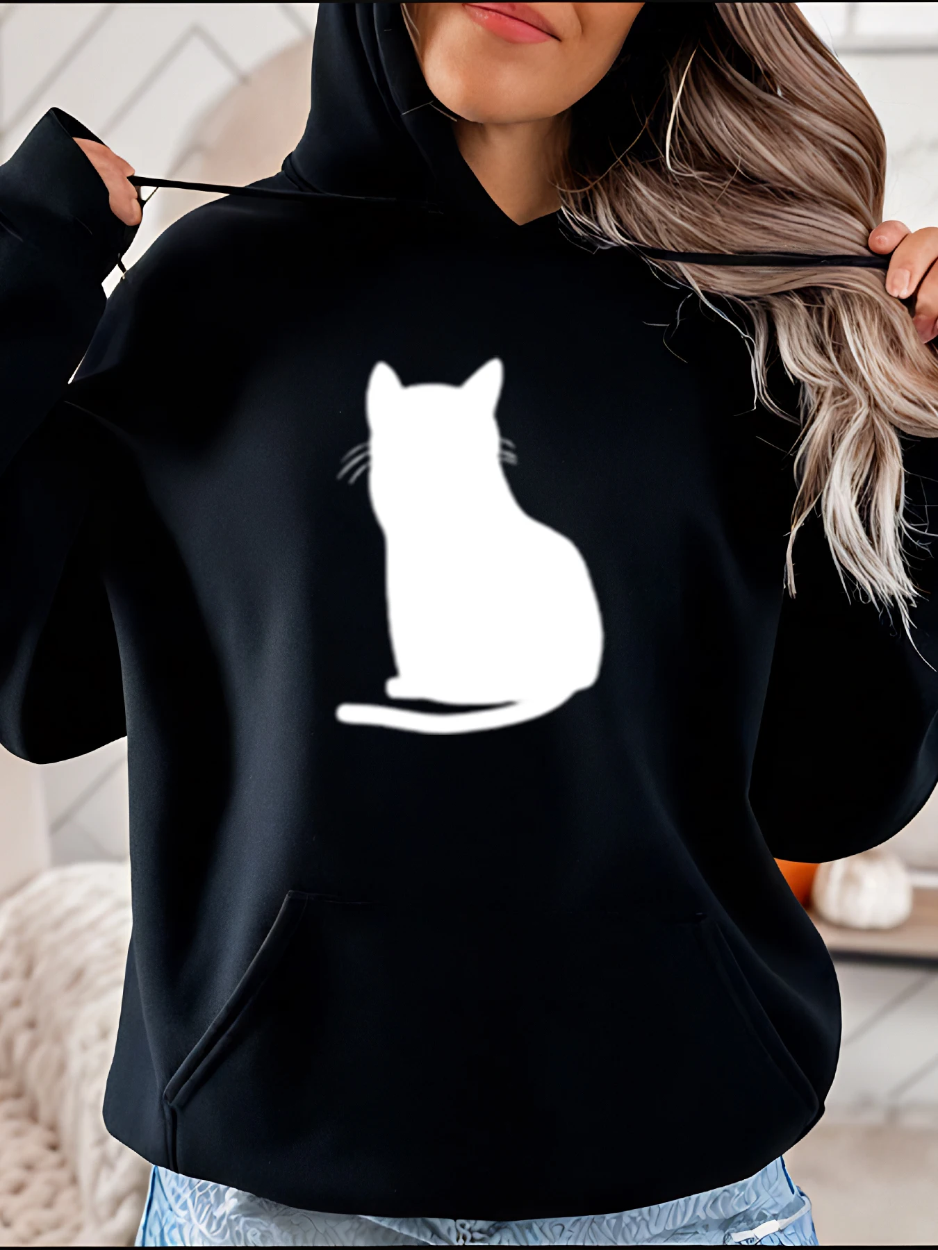 Damen-Kapuzenpullover mit Katzenmuster, lässiges Sweatshirt, Herbst-Winter-Mode, lockere Passform, Kapuzenoberteil 280