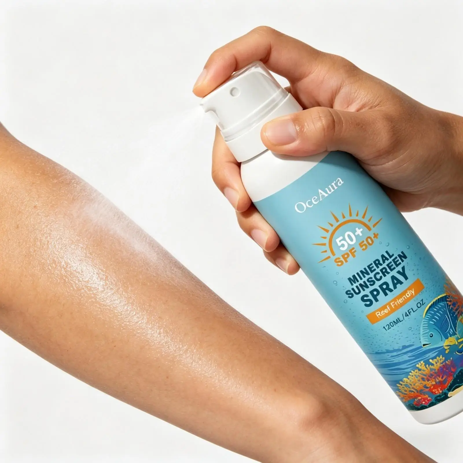 Protector Solar en Spray OceAura SPF 50, Protección Solar, No Grasoso, Sin Perfume, Secado Rápido, Crema Solar Mineral en Spray para Rostro y Cuerpo, 120 ml