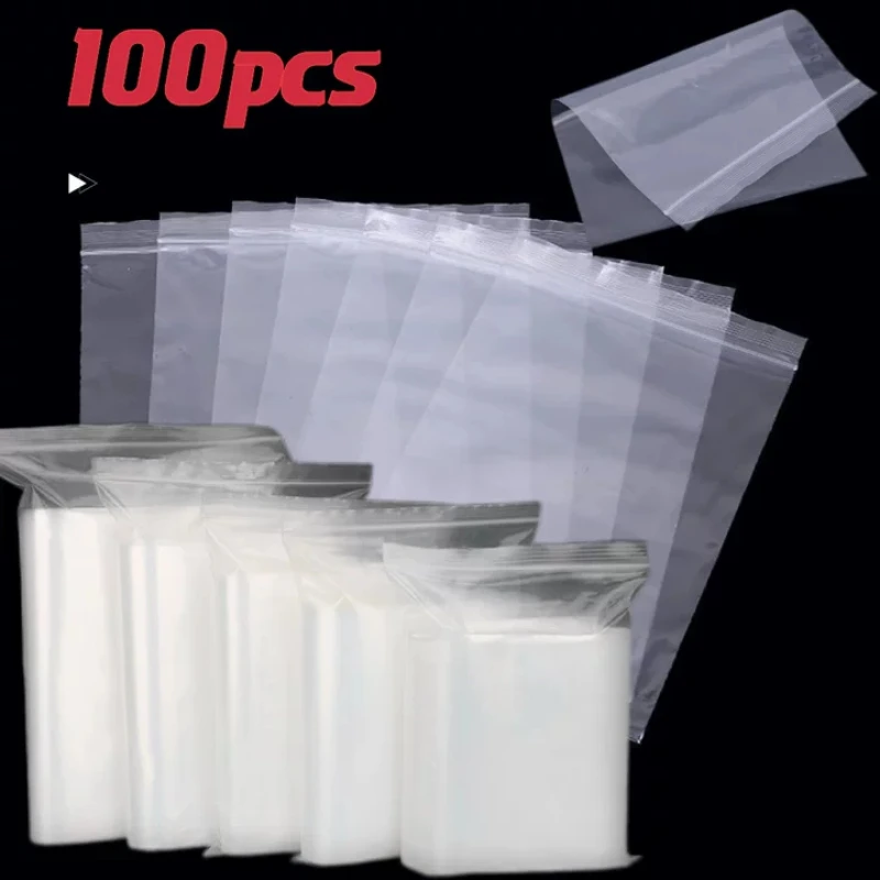 100 Stück verdickte, mit Reißverschluss versegelte Beutel, transparente Kunststoff-Aufbewahrungsbeutel für kleine Schmuckstücke, Lebensmittelverpackungen, wiederverschließbare