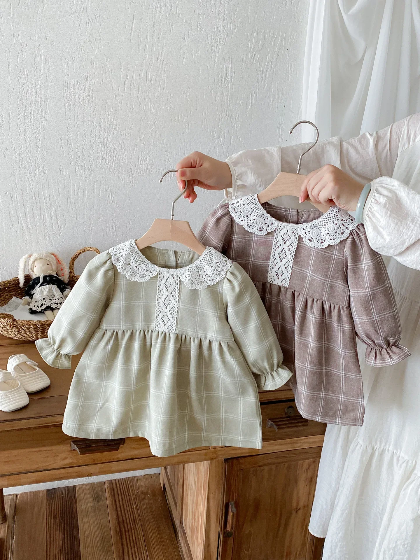 

Toddler Girl 0-4Y Cotton Checkered Dress Lace Collar Ruffle Sleeves Soft Breathable Princess Casual Daily Wear