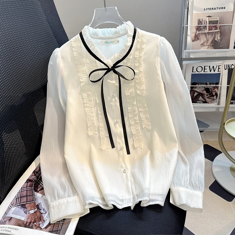 بلوزة قميص نسائية جديدة بأكمام طويلة وياقة مكشكشة وأربطة قميص شيفون بلوزة نسائية بلوزات قمصان Blusas Para Mujer Q559