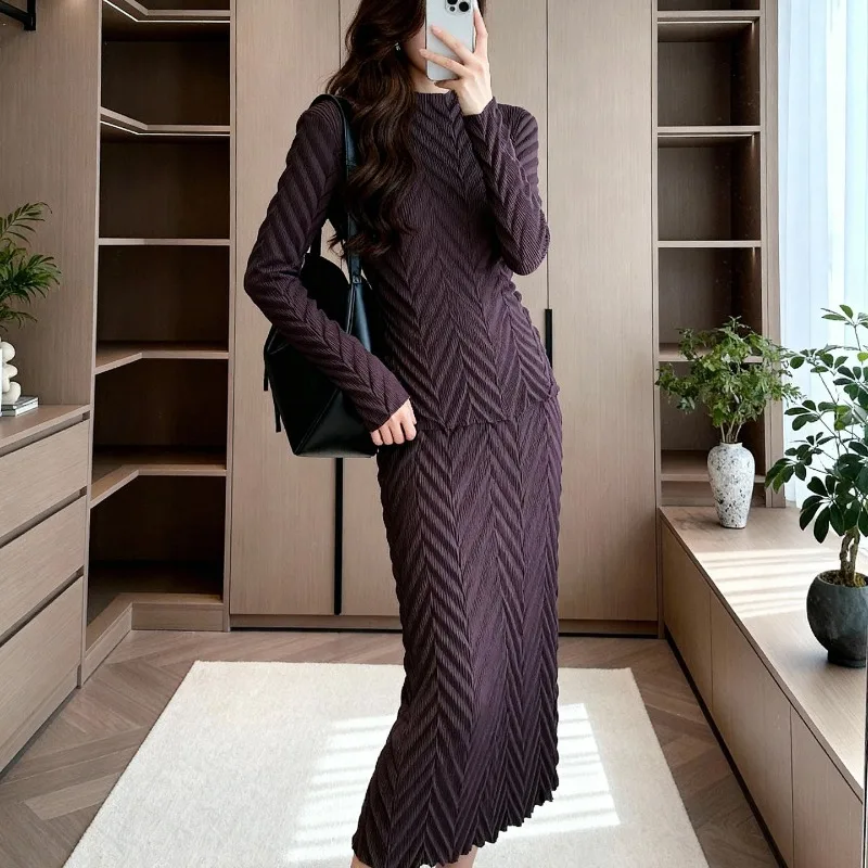 Miyake Faltenrock-Anzug, Plisse 2026, neue Mode, plissiert, zweiteilig, Frühling und Herbst, Temperament, langärmelig, schlanker, dünner Faltenanzug