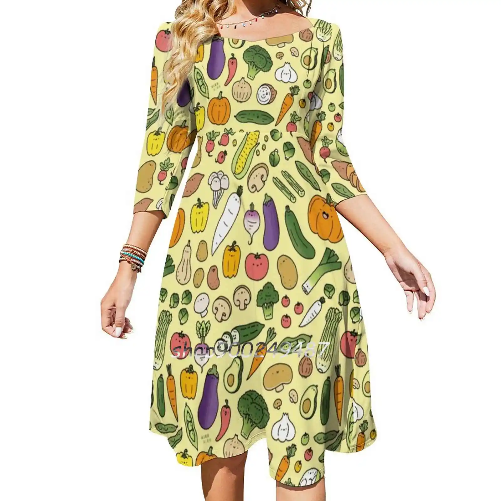 Veggie Friends Doodle Square Neck Dress New Plus Size Elegant Women Waist Tight Dress Veggies Vegetable Vegetables Vegetable