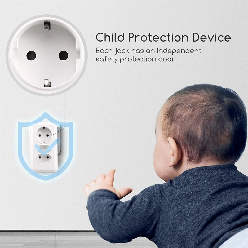 Multiple Socket 3-Way Socket Adapter With Surge Protection 2 Euros + 1 Schuko Socket Child Safety,EU Plug